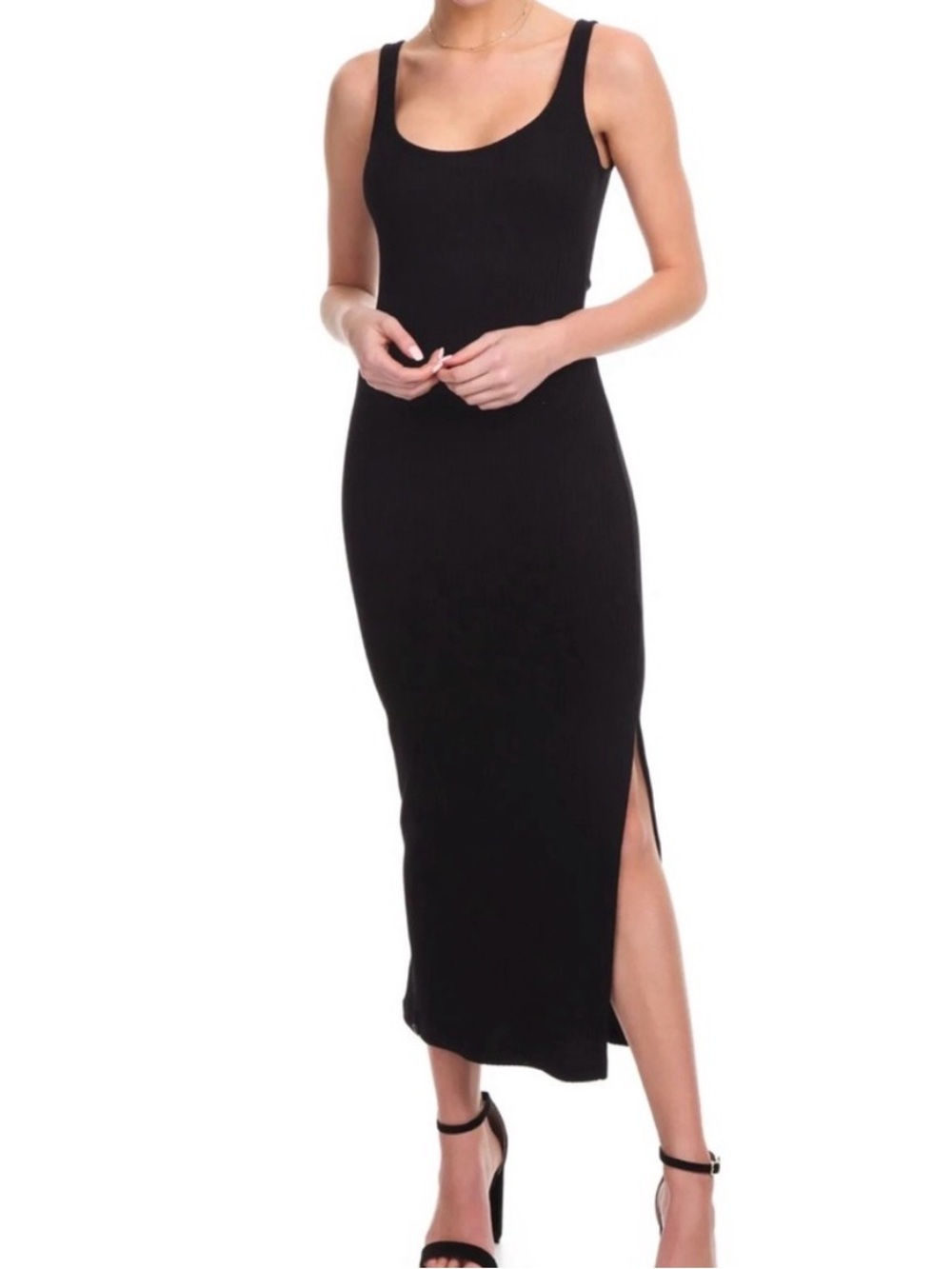 French Connection Y2K Black Ribbed Tank Maxi Dress Side Slit L